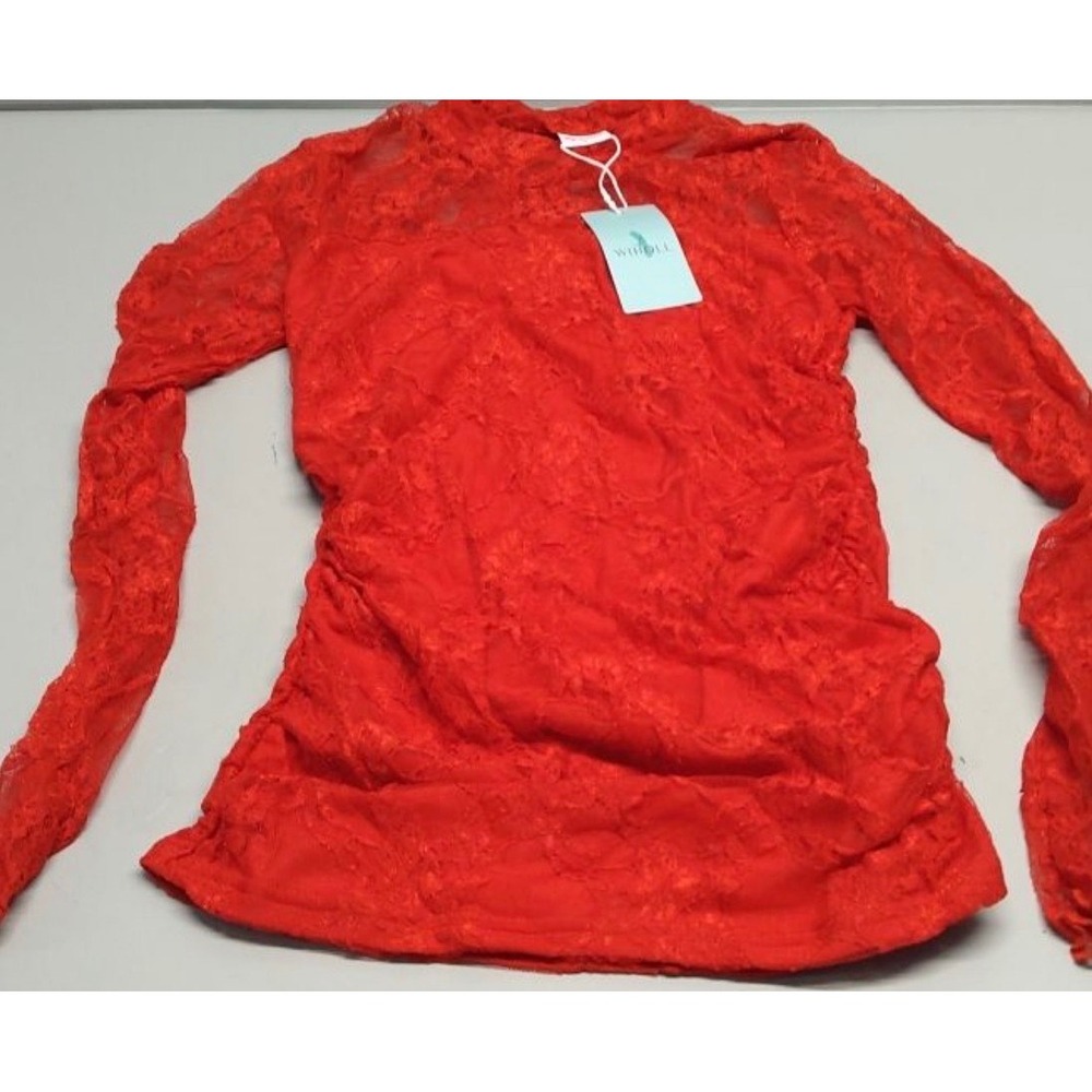 NWT Womens Red Lace Long Sleeve Mesh Top Sheer Ruched Slim Fit Blouse Size Small - Picture 2 of 2